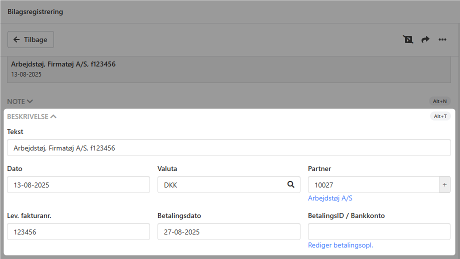 Her indtastes dato, tekst m.m. i bilagsregistrering i Xena