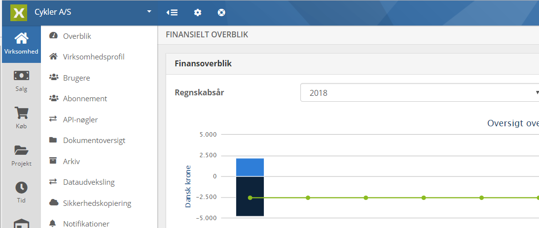 Skærmbillede der viser regnskab i Xena med blåtfarvetema