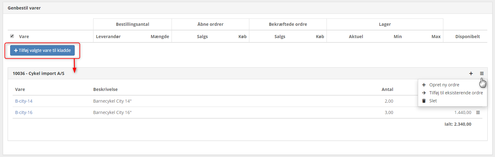 Genbestilling af varer i Xena