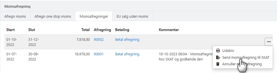 Send en momsafregning til SKAT fra Xena