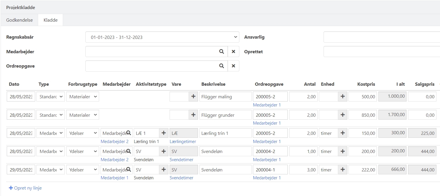 Importerede linjer i Omkostningsregistrering i Xena