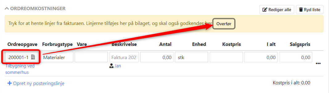 Åbning af dialog til overførsel af fakturalinjer fra OIO faktura til ordreomkonstninger i Xena