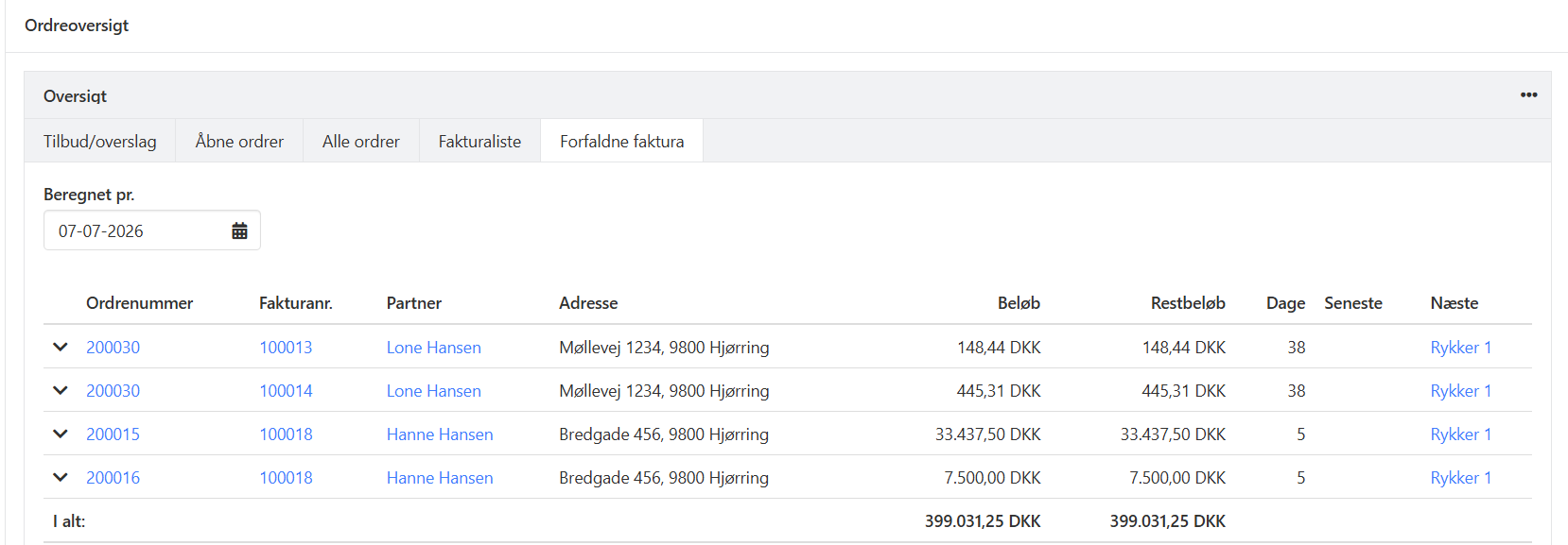 Order overview of overdue invoices in Xena
