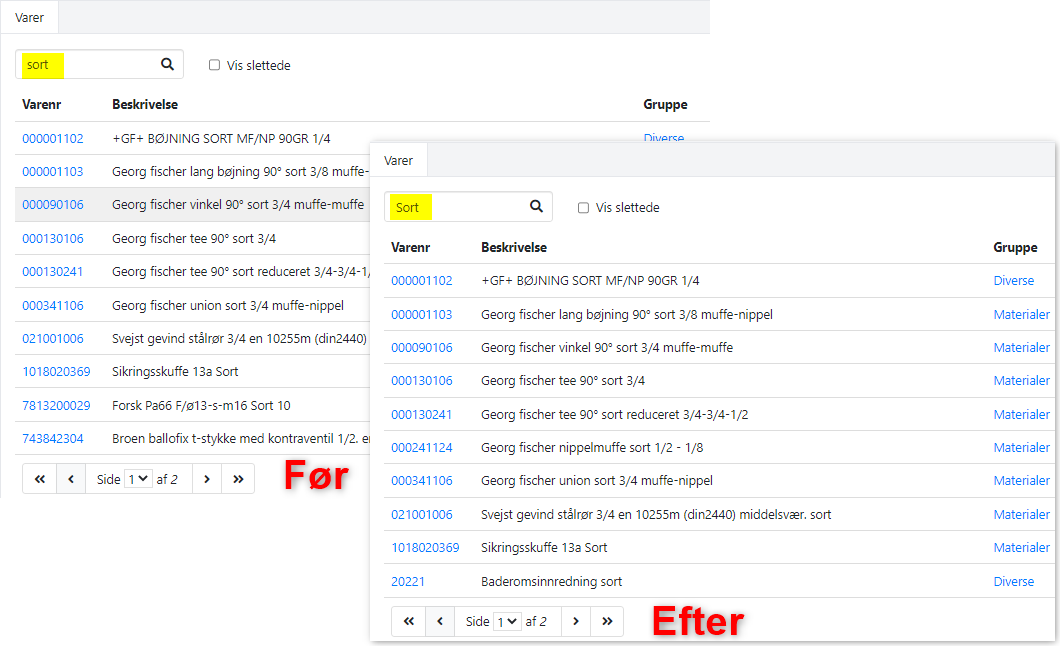 Søgning efter vare i Xena med 2 søgeord, gammel og ny version