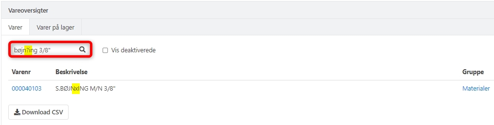 Søgning med wildcards i vareoversigten i Xena
