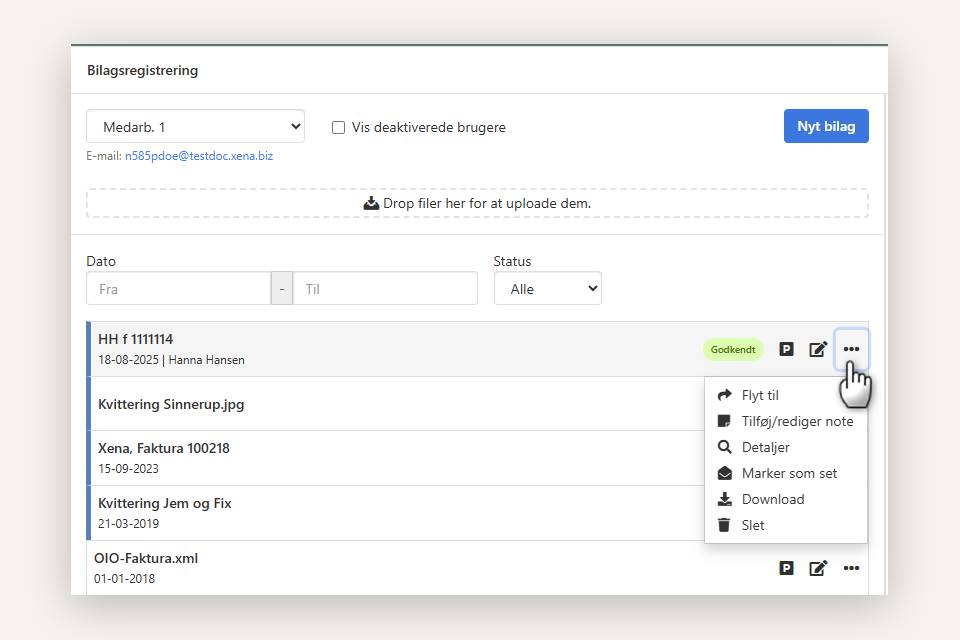 Menu for bilag i bilagsregistrering i Xena
