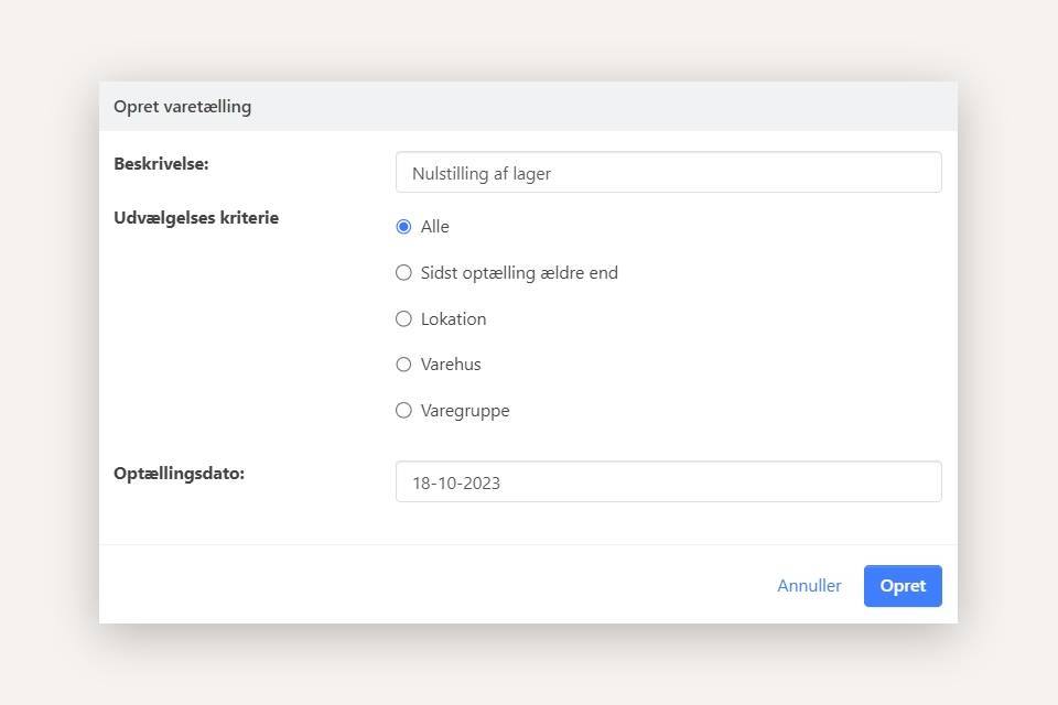 Dialog for opprettelse av en vareopptellingskladde i Xena