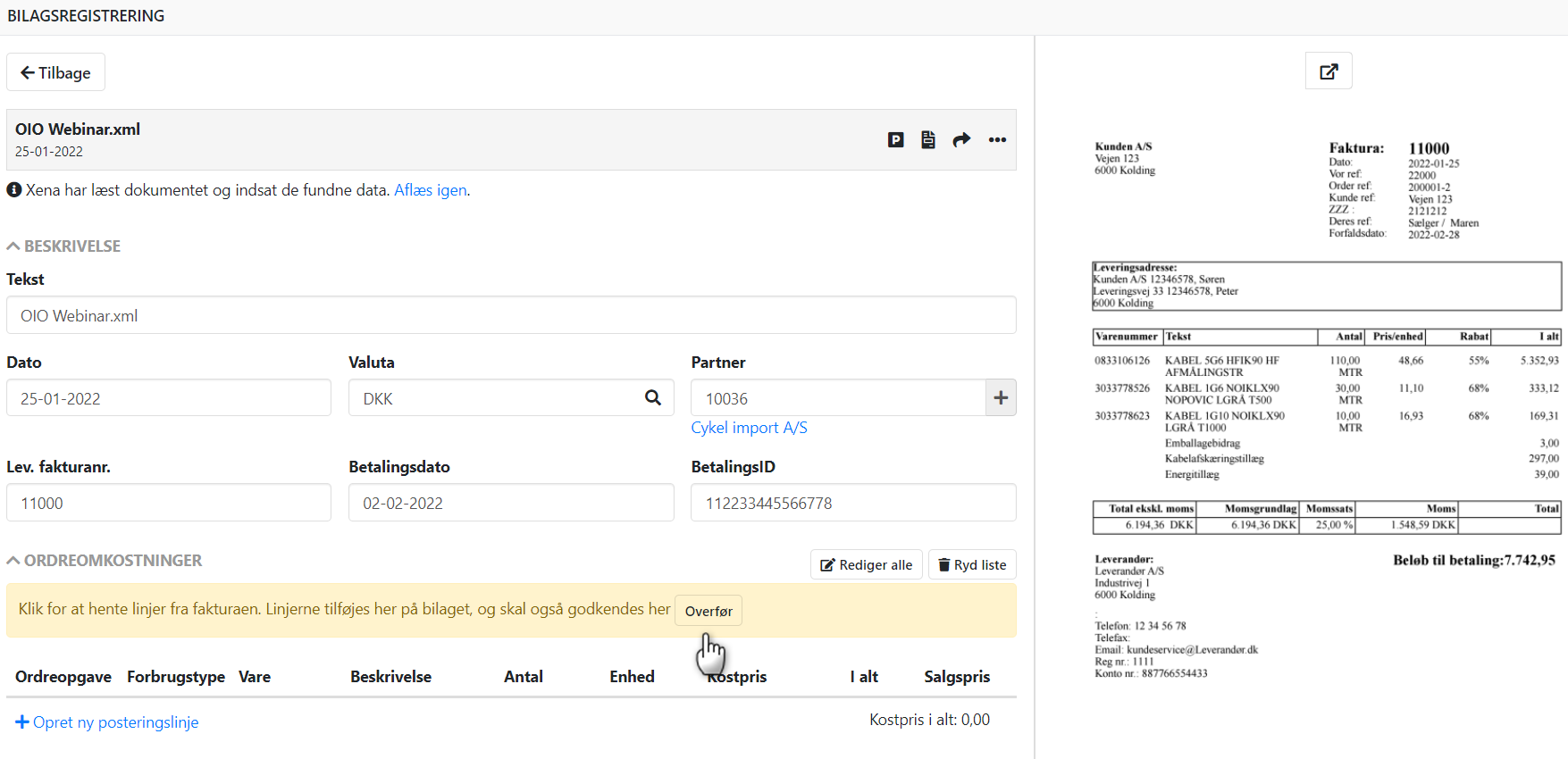 Overfør fakturalinjer til ordreomkostninger på bilag i Xena