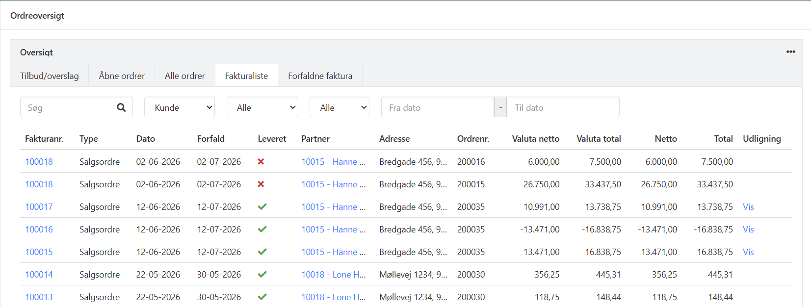 Order overview of invoices in Xena