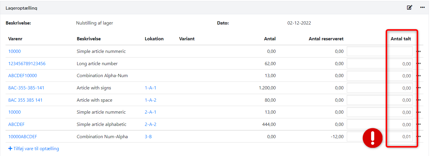 Tast inn opptelling av lager så alle varer har beholdning på null i Xena