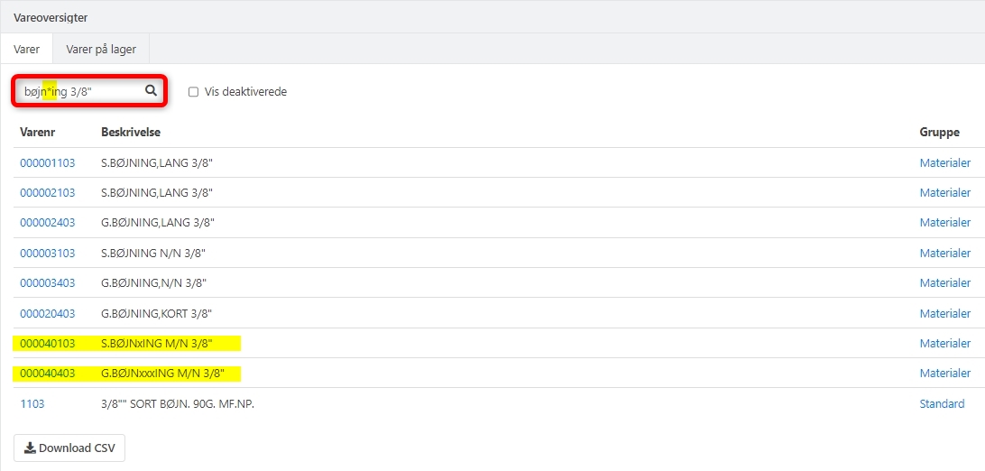Søgning med wildcards i vareoversigten i Xena