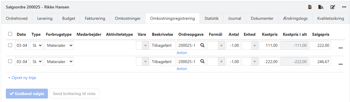 Tilbagefør ordreomkostning manuelt via salgsordren i Xena