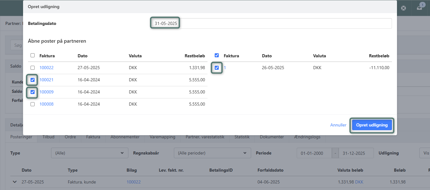 Udlign posteringer på en partner i Xena
