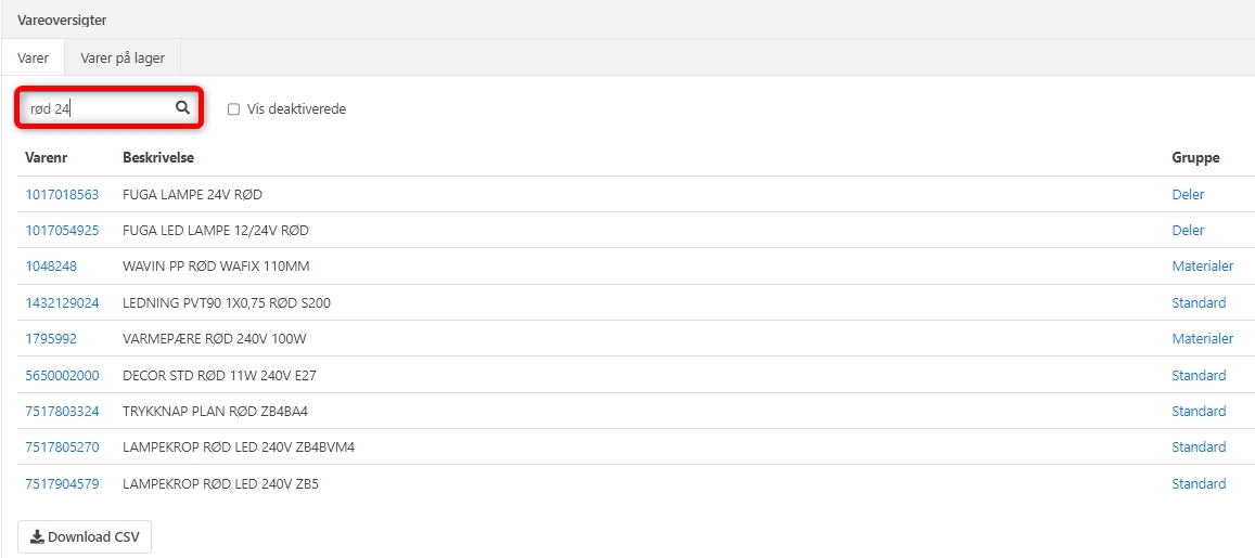 Eksempel på varesøgning efter ordet rød og 24 i Xena