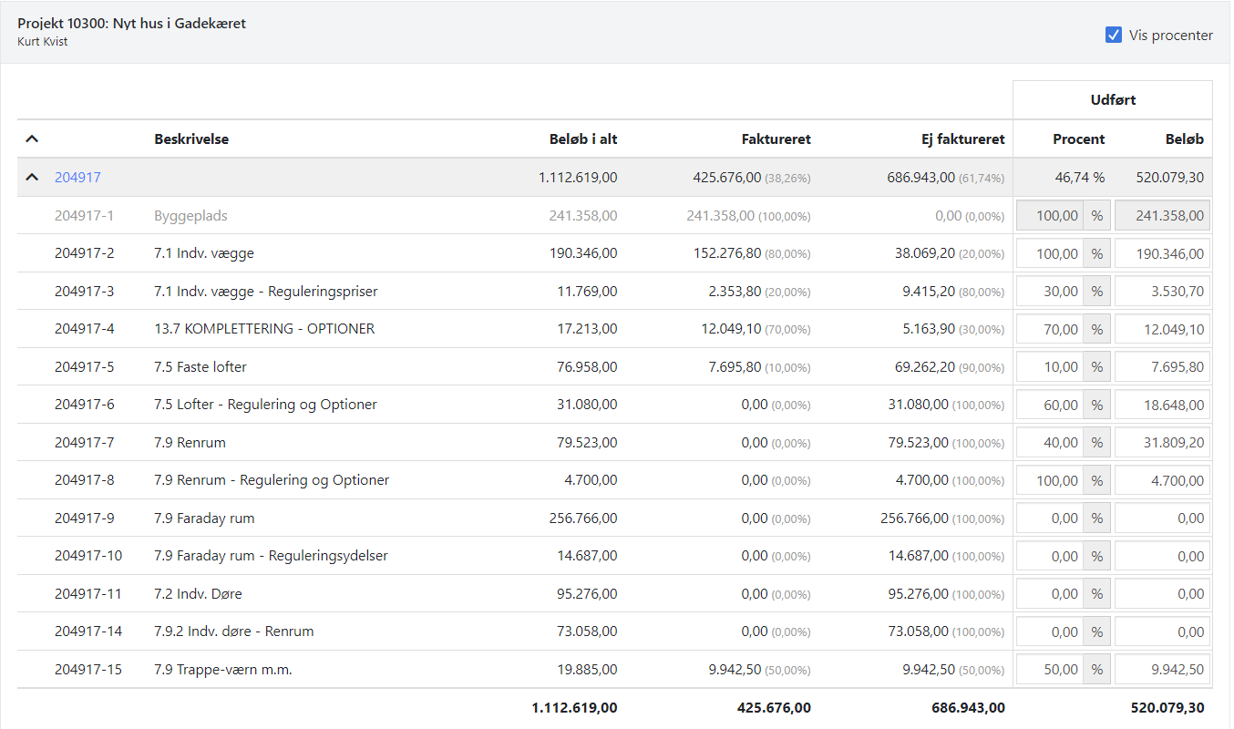 Indstillinger for en projektfaktura i Xena