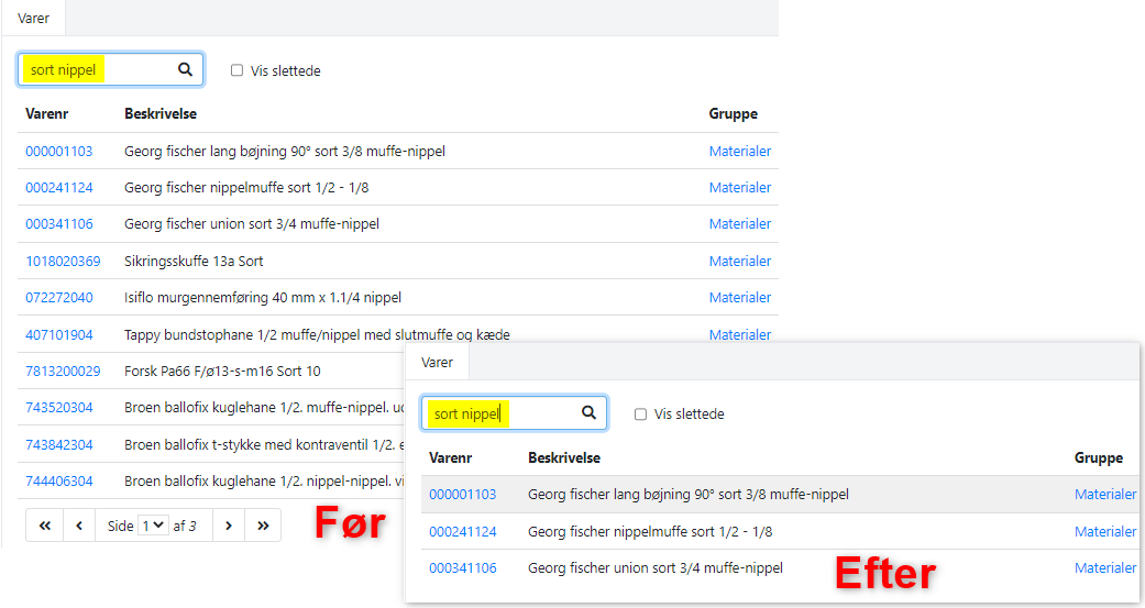 Søgning efter vare i Xena med 2 søgeord, gammel og ny version