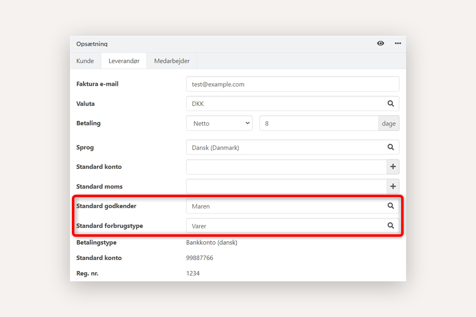 Vælg en fast godkender og forbrugstype på leverandør i Xena