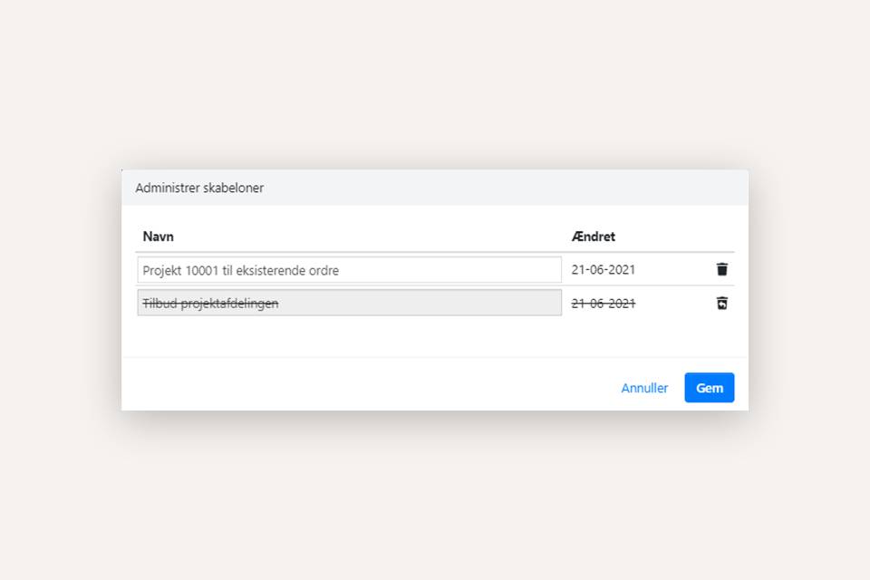 Omdøb eller slet en eksisterende ordreskabelon i Xena