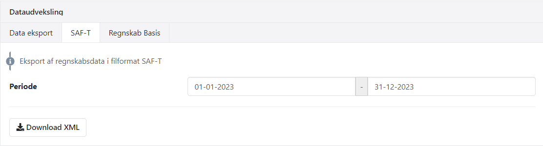 Menu til udlæsning af regnskabsdata i SAF-T format i Xena