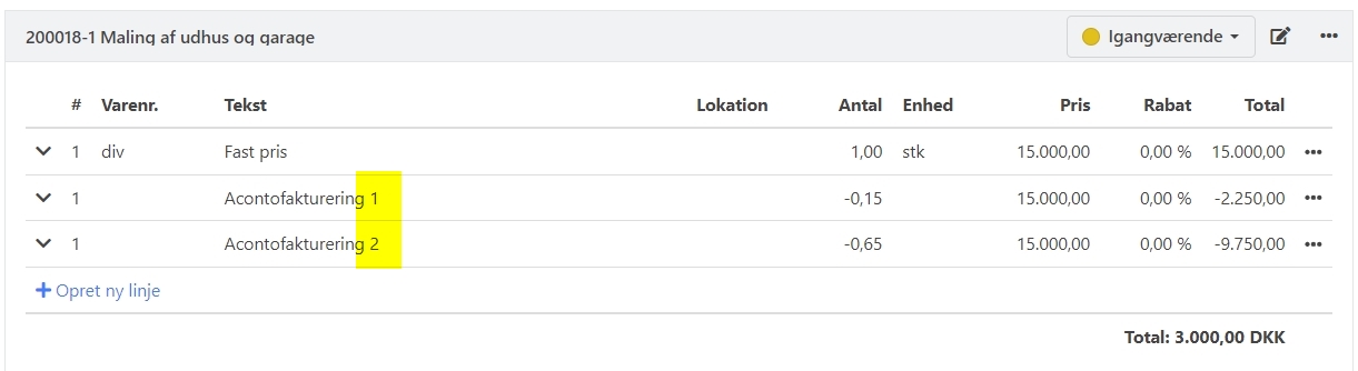 Acontonummer kan ses på tilhørende ordrelinjer i Xena