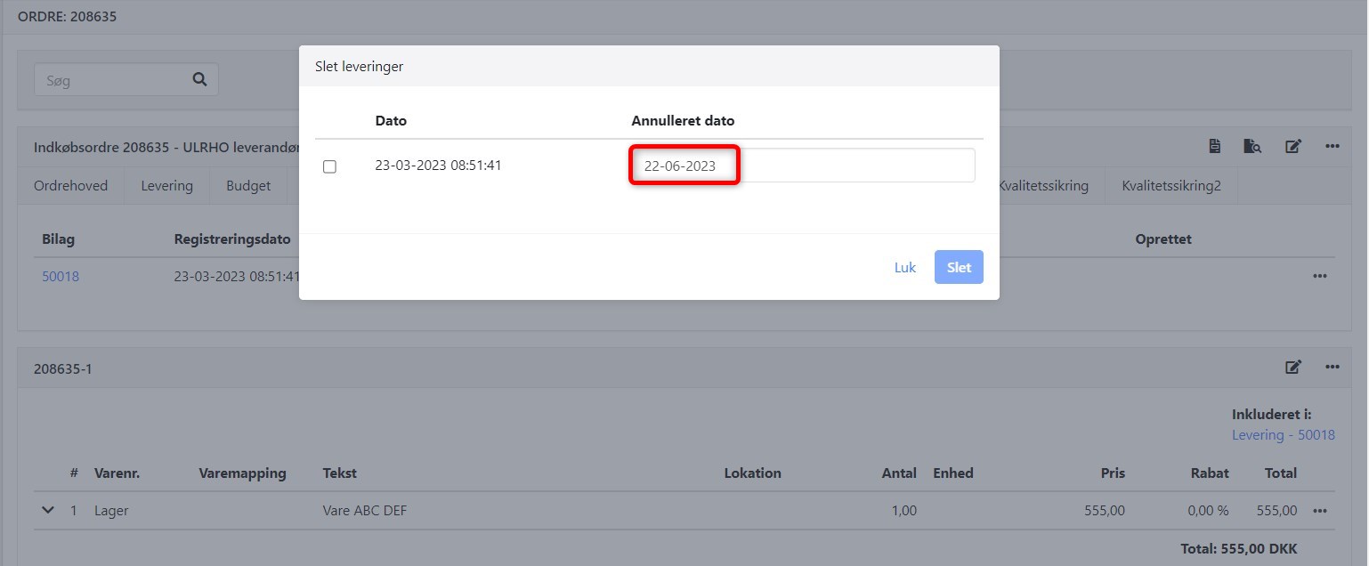 Vælg dato ved sletning af en levering på en ordre i Xena