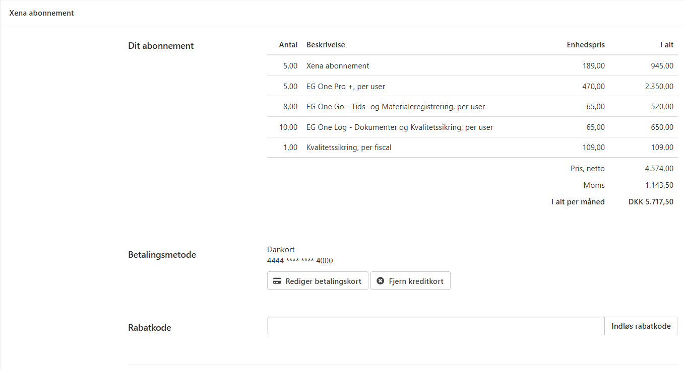 Oversigt over dit abonnement i Xena