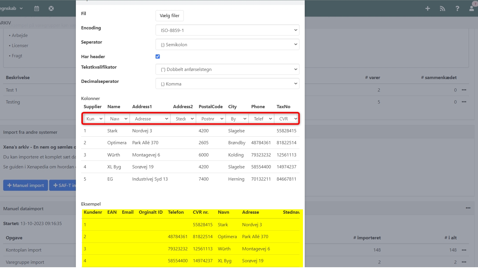 Dialog udfyldt i Arkivet i Xena, til import af leverandører
