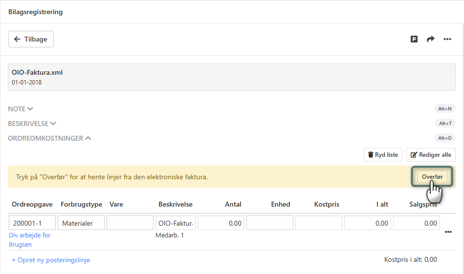 Funktionen Overfør til at danne linjer fra OIO faktura i Xena