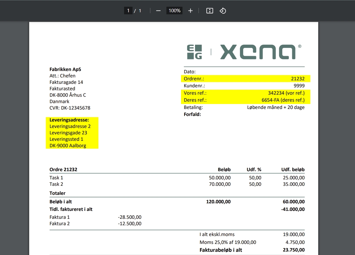 Opdateret ordre acontofaktura rapport i Xena