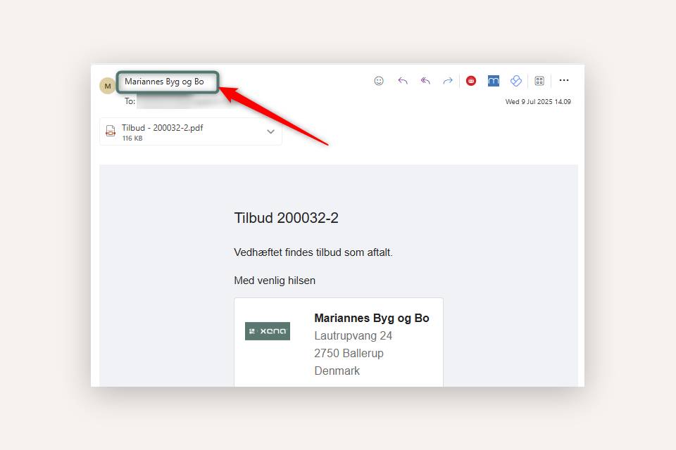 Eksempel på en mail sendt fra Xena