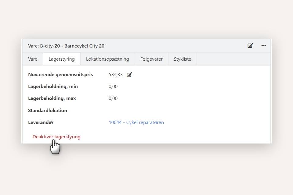 Deaktivering af lagerstyring på en vare i Xena
