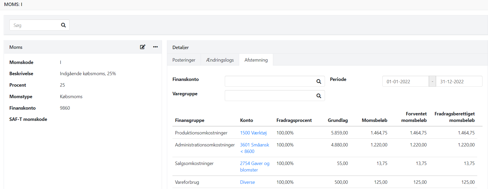 Se detaljer for en momskode i Xena