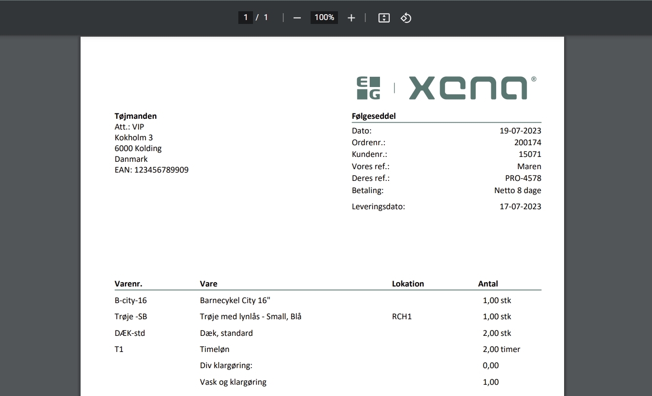 Eksempel på en følgeseddel oprettet i Xena