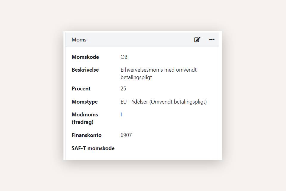 Momskode til bogføring af moms med omvendt betalingspligt i Xena