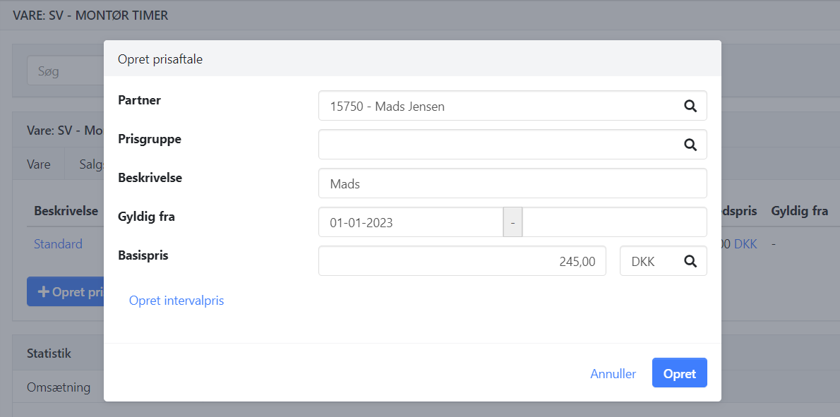 Opsætning af en prisaftale på en medarbejder i Xena
