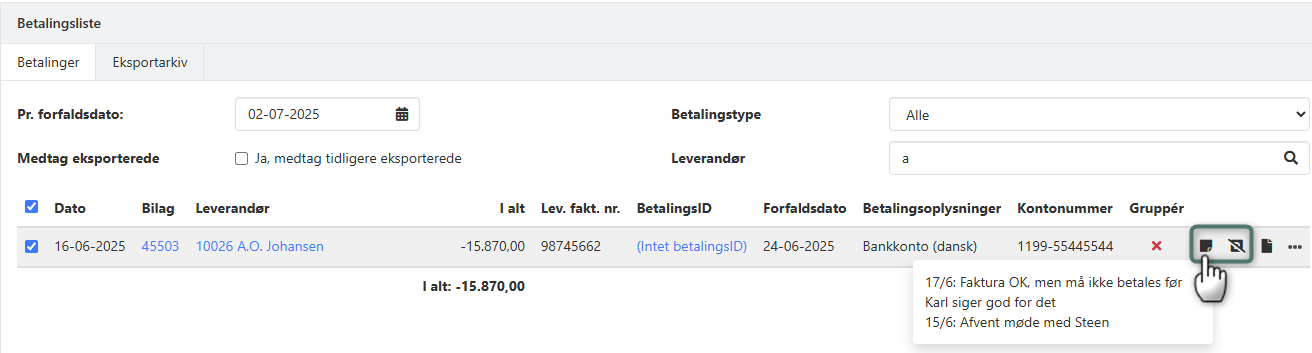Brug parkering og noter på posteringer i betalingslisten i Xena