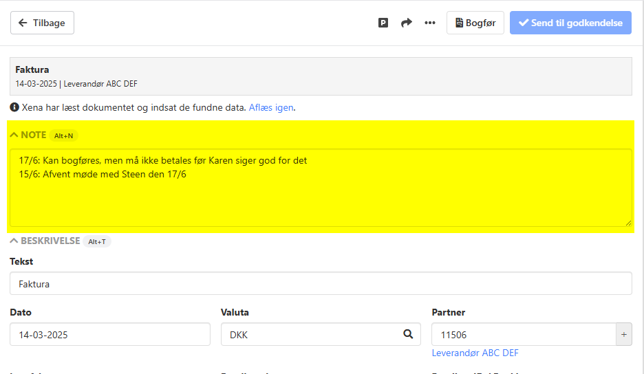 Note på bilag i bilasgregistrering i Xena