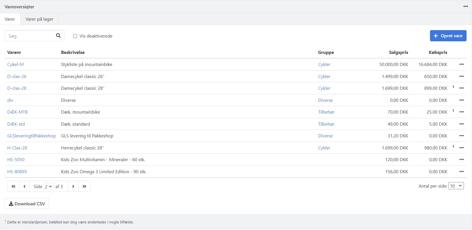 Oversigten over dine varer i Xena
