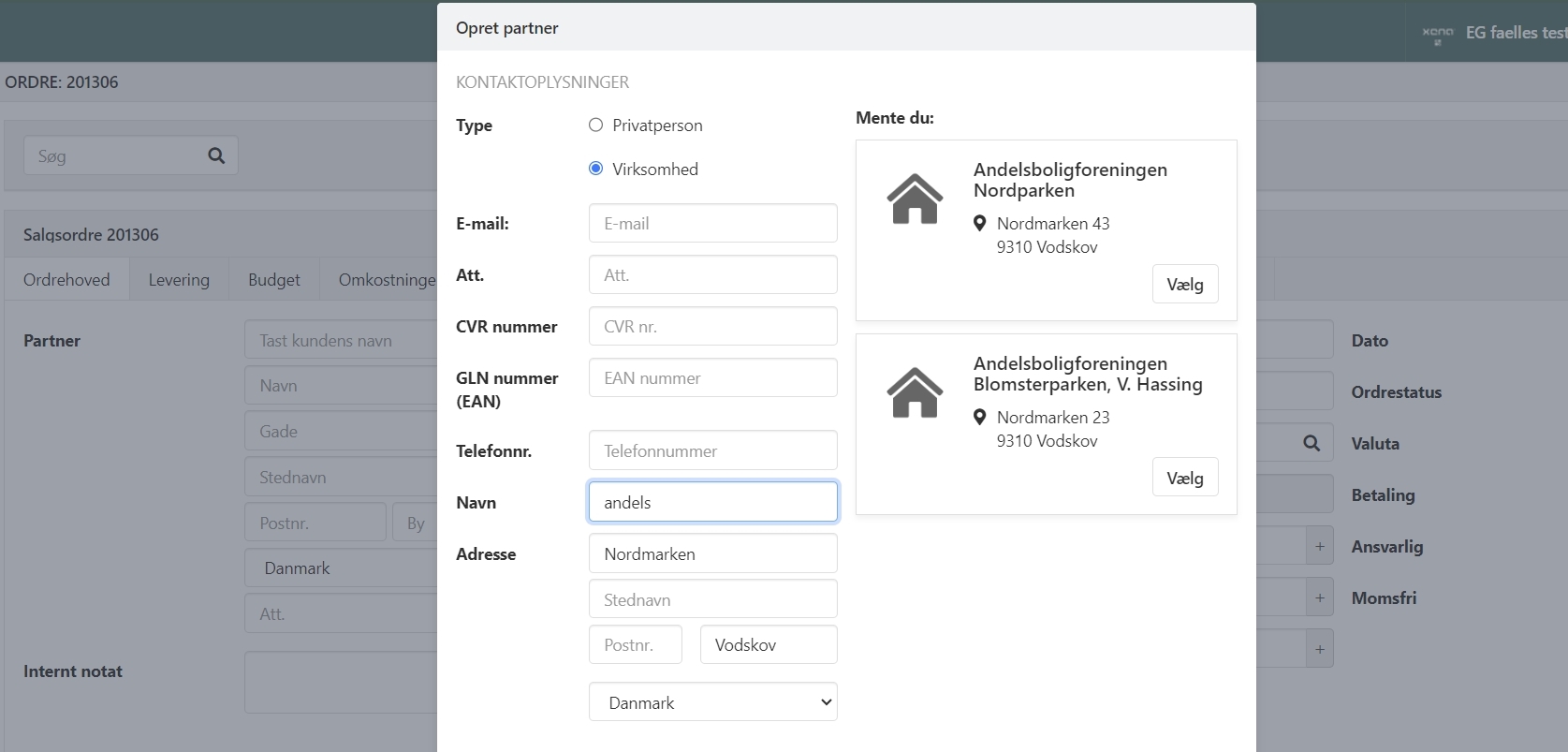 Søgning i dialogen til oprettelse af partner i Xena
