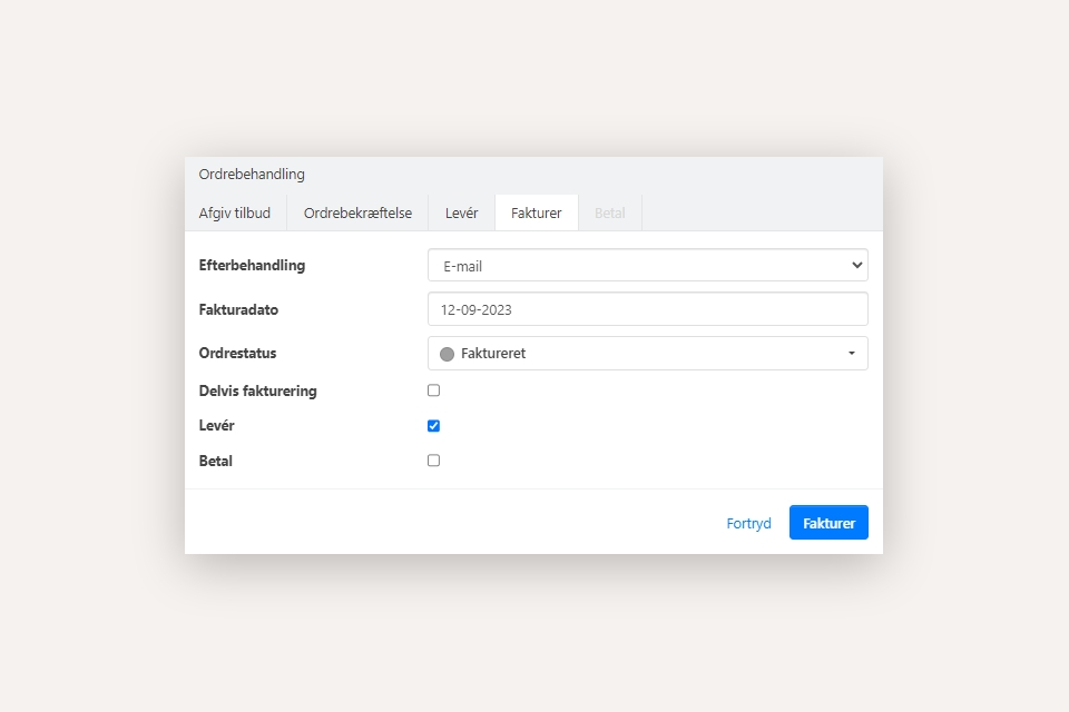 Dialogen der vises ved fakturering af en ordre i Xena