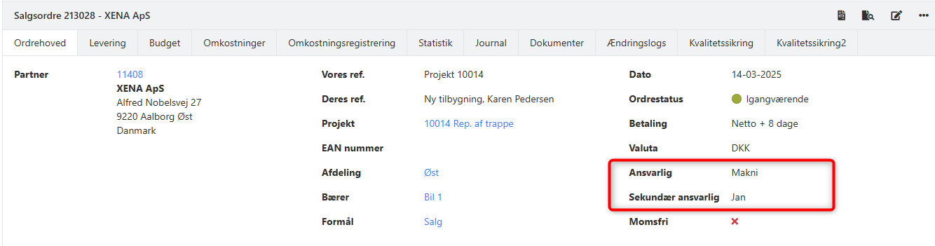 Vælg både Ordreansvarlig og Sekundær ansvarlig på ordrer i Xena
