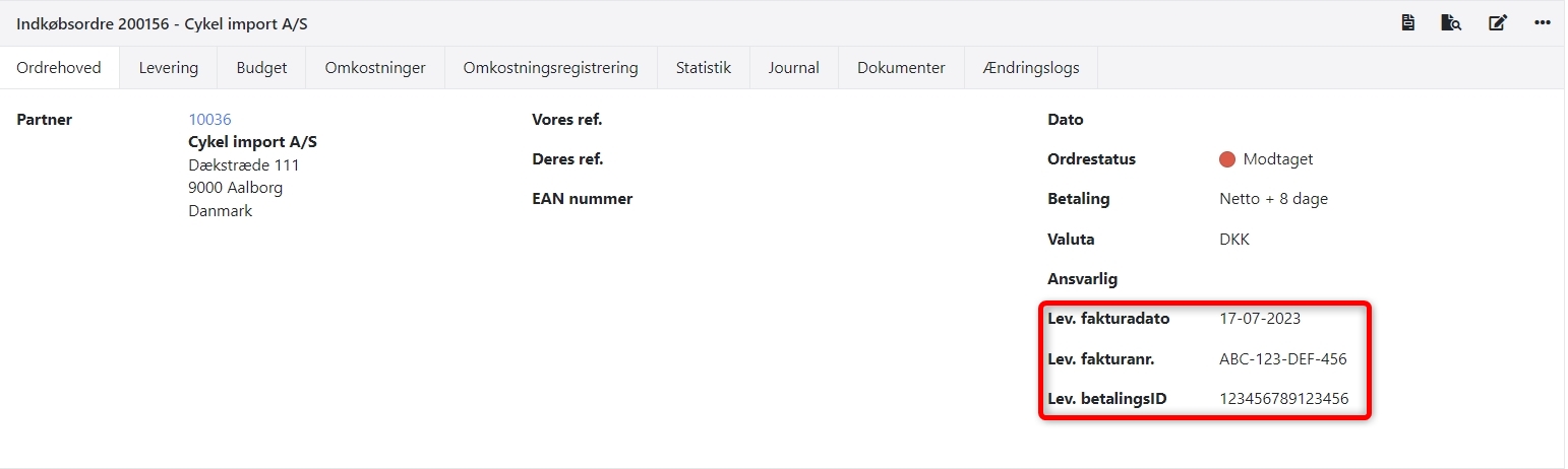 Eksempel på et indkøbsordrehoved i Xena