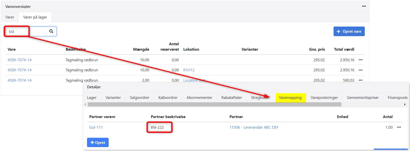 Søg efter varemapping på varer i Xena
