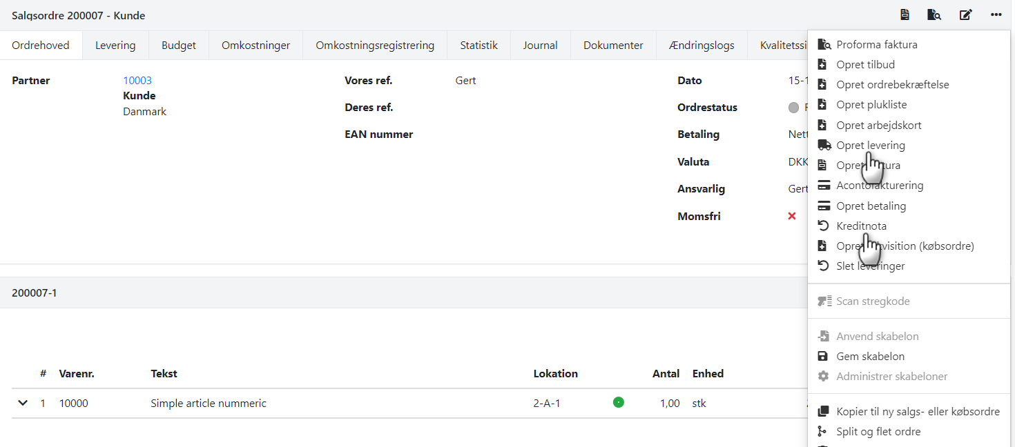 Lever eller krediter ordre i Xena hvor faktura er bokført