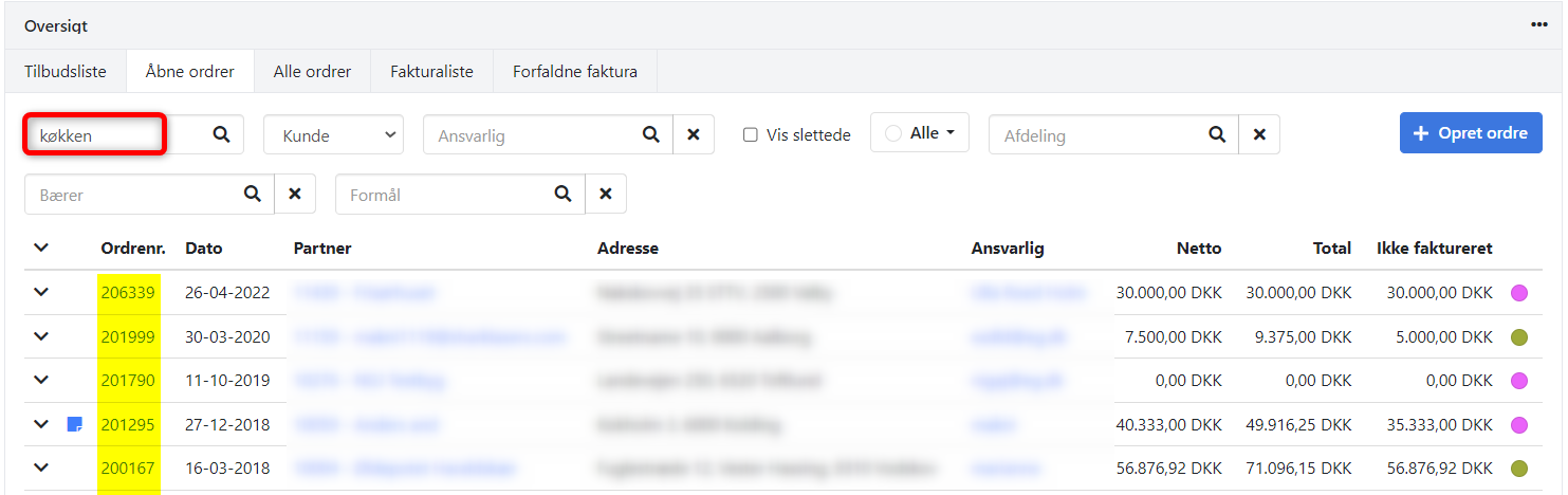 Ændret søgning i ordreoversigten i Xena