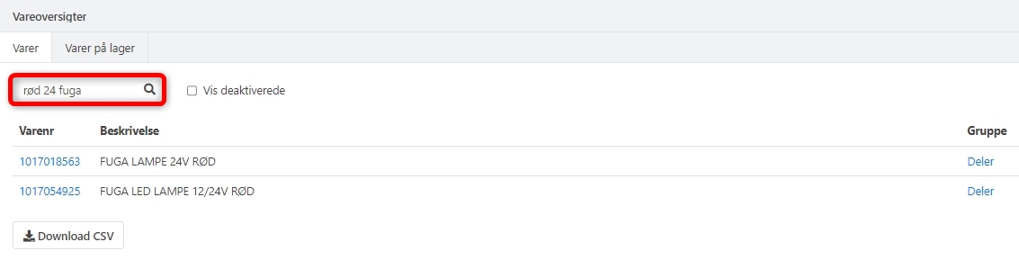 Eksempel på varesøgning efter ordet rød og 24 og fuga i Xena