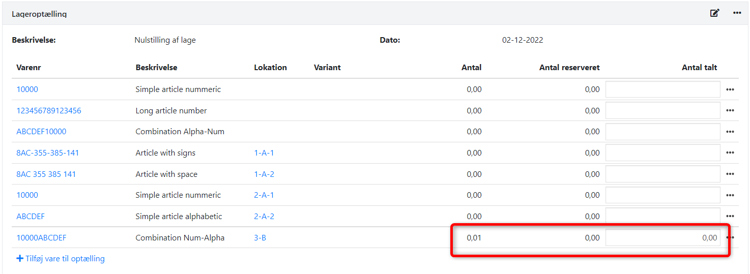 Endelig opptelling av varer med negativ beholdning i Xena