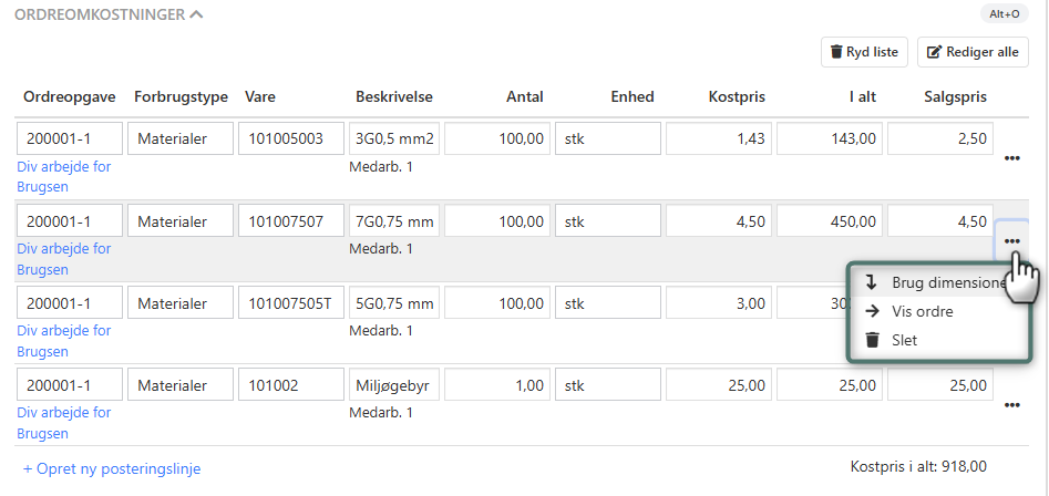Ordreomk oprettet på bilag i bilagsregistrering i Xena
