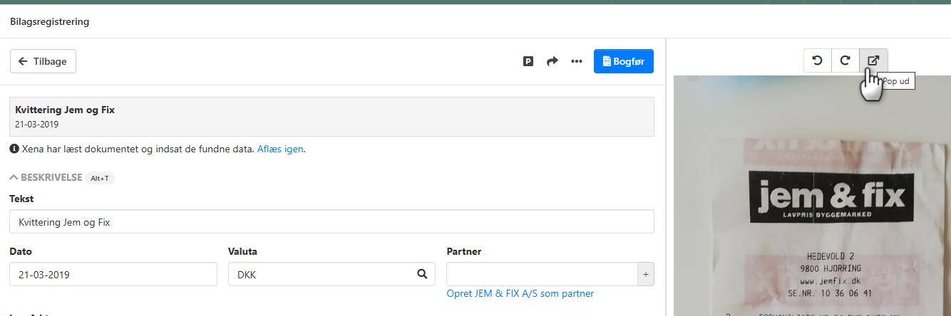 Åbn bilag i eksternt vindue i Xena