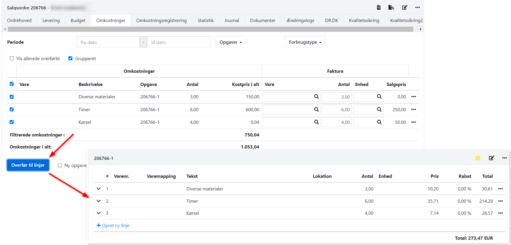 Tre registrerede omkostninger uden varenumre overføres til en opgave på en ordre.